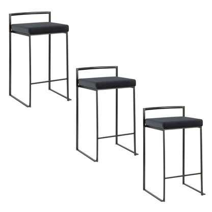 Three Fuji Contemporary Style Stackable Counter Stools feature thin black metal frames, square padded seats, and low minimalist backrests. Arranged diagonally on a white background, they showcase a sleek, modern design.