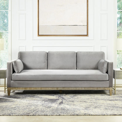 A modern living room features the Knox - Modern Farmhouse Sofa in light gray with two round pillows, set on a patterned rug. White paneled walls, large windows, and a minimalist abstract painting in a gold frame complete the look above the sofa.