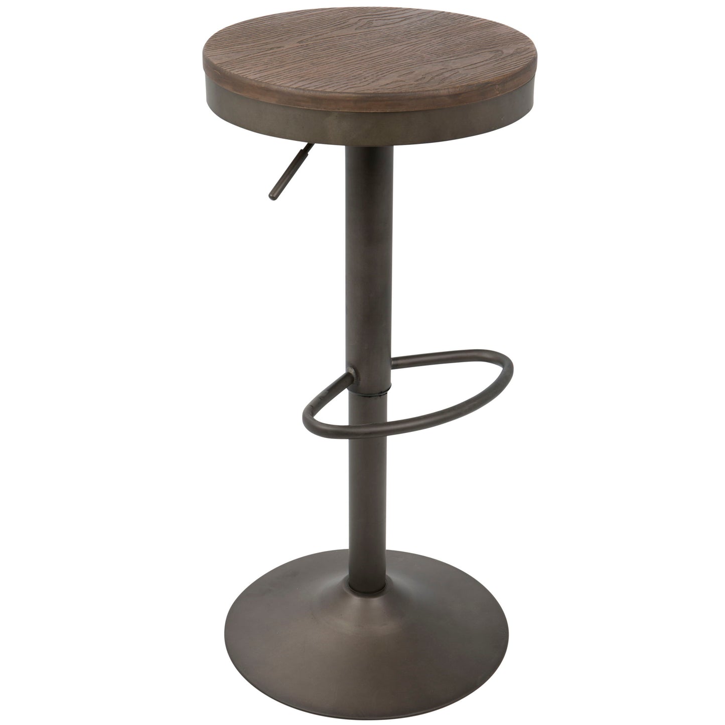 The Dakota Industrial Design Adjustable Barstool (Set of 2) features a round wooden seat, metal base, circular footrest, and a convenient side height adjustment lever for modern style and comfort.