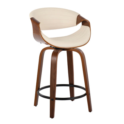 The Symphony set includes two mid-century modern counter stools with curved wooden legs, a round black metal footrest, swivel function, and cushioned cream seats featuring curved open backrests and armrests.