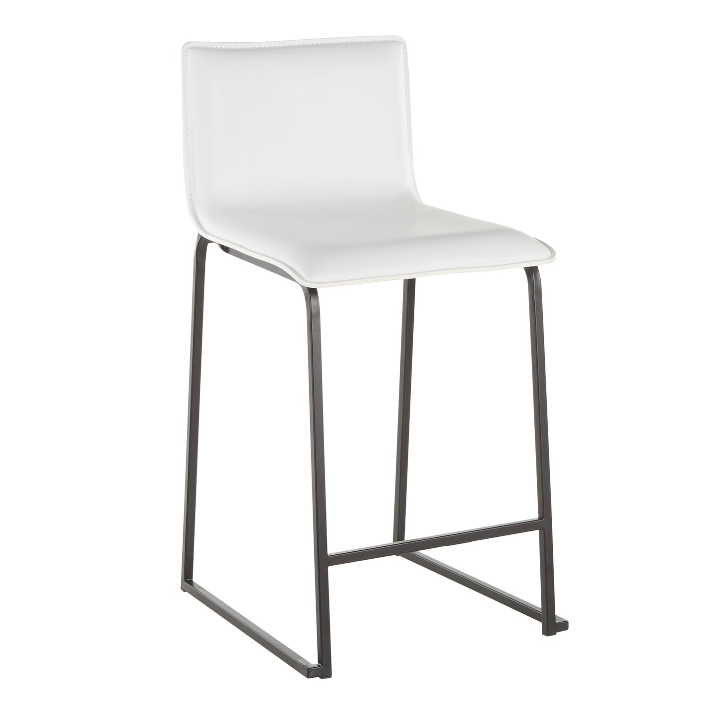The Mara - Upholstered Contemporary Counter Stool (Set of 2) features a modern design with a white cushioned seat and backrest, a sleek black metal frame, and an integrated footrest.