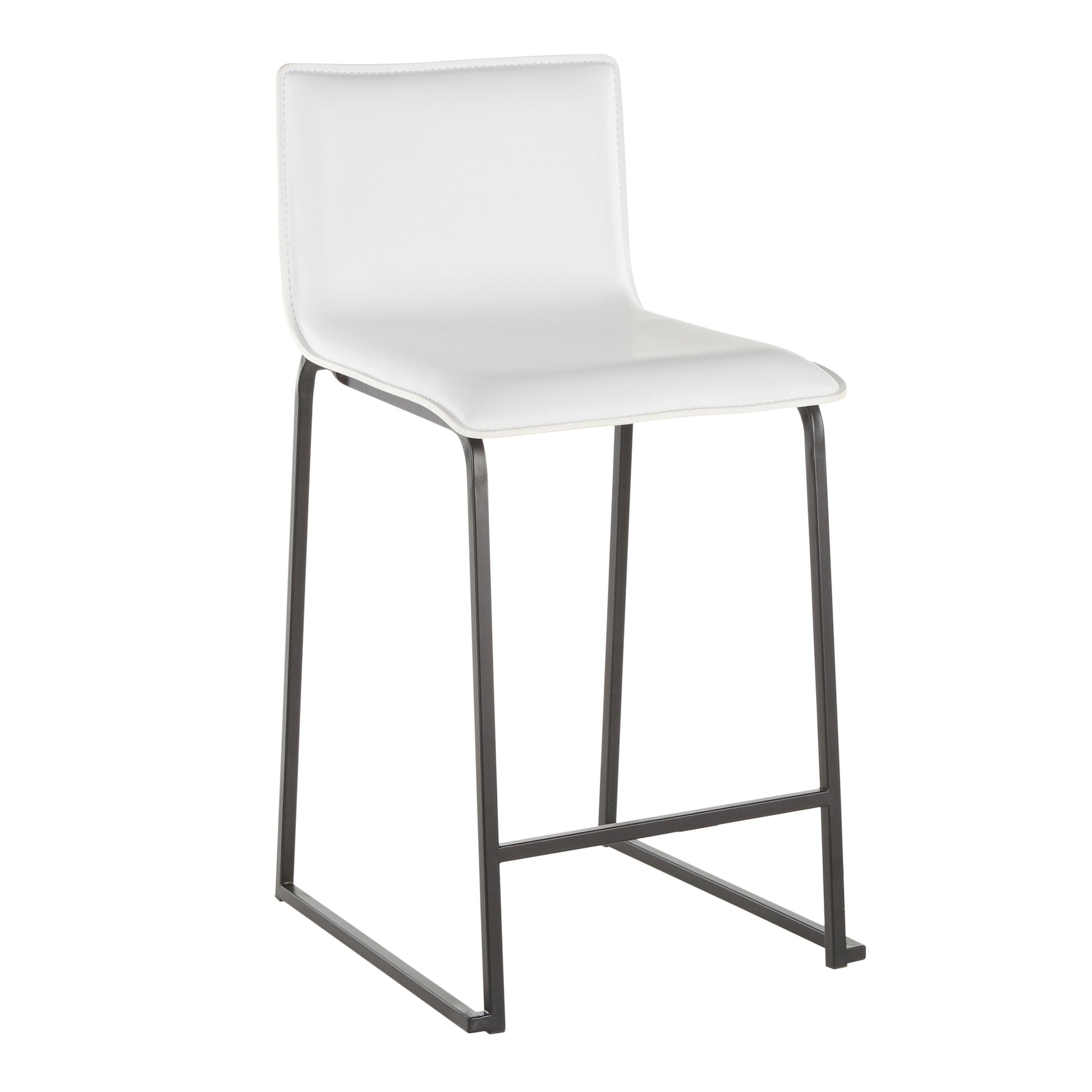 The Mara - Upholstered Contemporary Counter Stool (Set of 2) features a modern design with a white cushioned seat and backrest, a sleek black metal frame, and an integrated footrest.