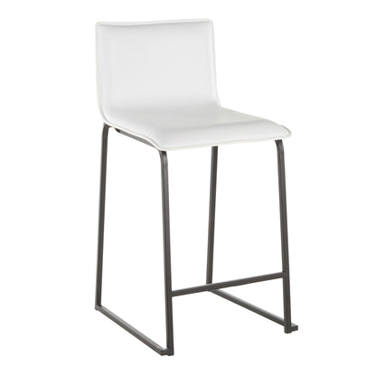 The Mara - Upholstered Contemporary Counter Stool (Set of 2) features a modern design with a white cushioned seat and backrest, a sleek black metal frame, and an integrated footrest.