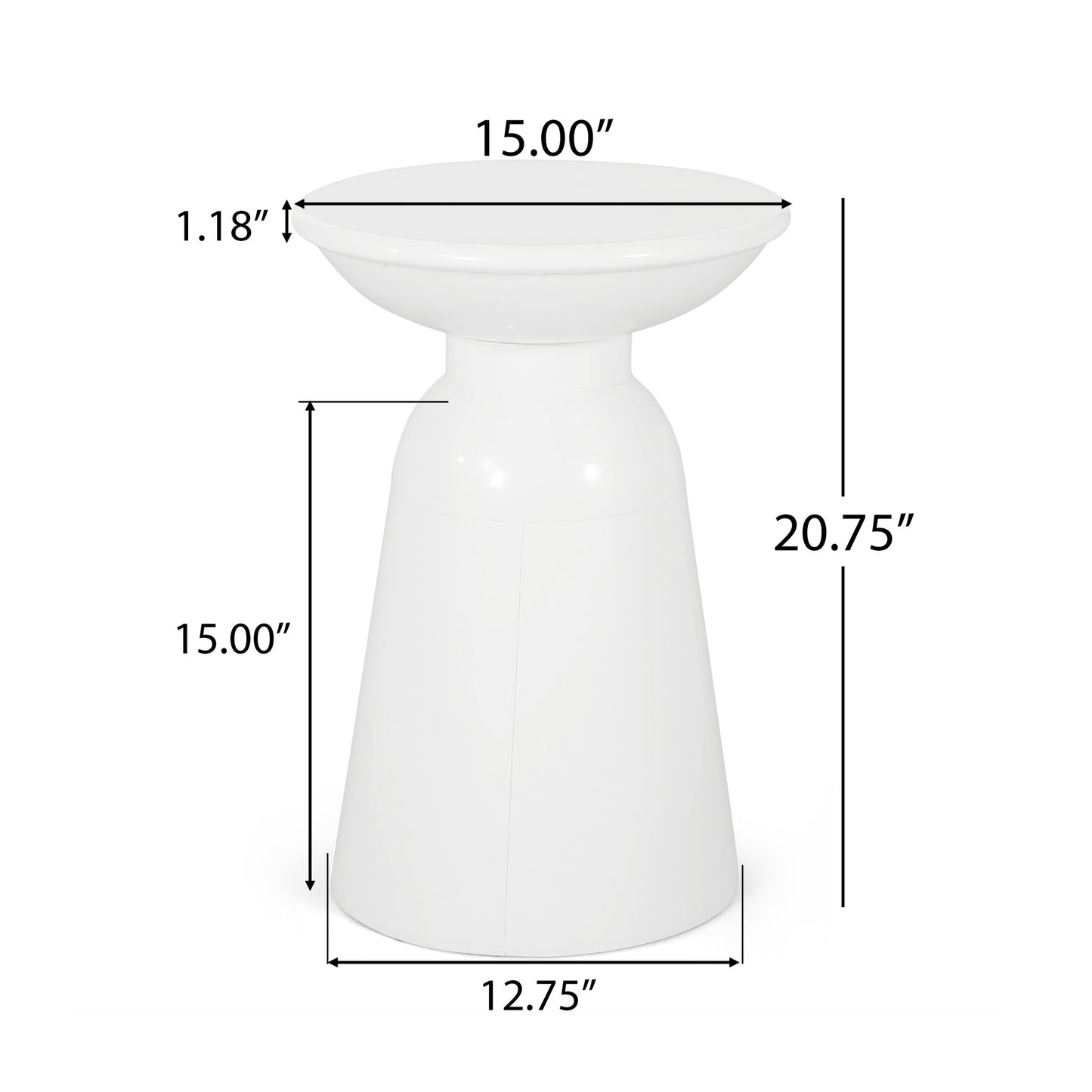 The Outdoor Modern Metal End Large Table is white with a round top (15" diameter, 1.18" thick), stands 20.75" tall, and has a 12.75" base diameter; dimensions are shown on the image.