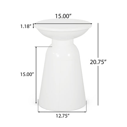 The Outdoor Modern Metal End Large Table is white with a round top (15" diameter, 1.18" thick), stands 20.75" tall, and has a 12.75" base diameter; dimensions are shown on the image.