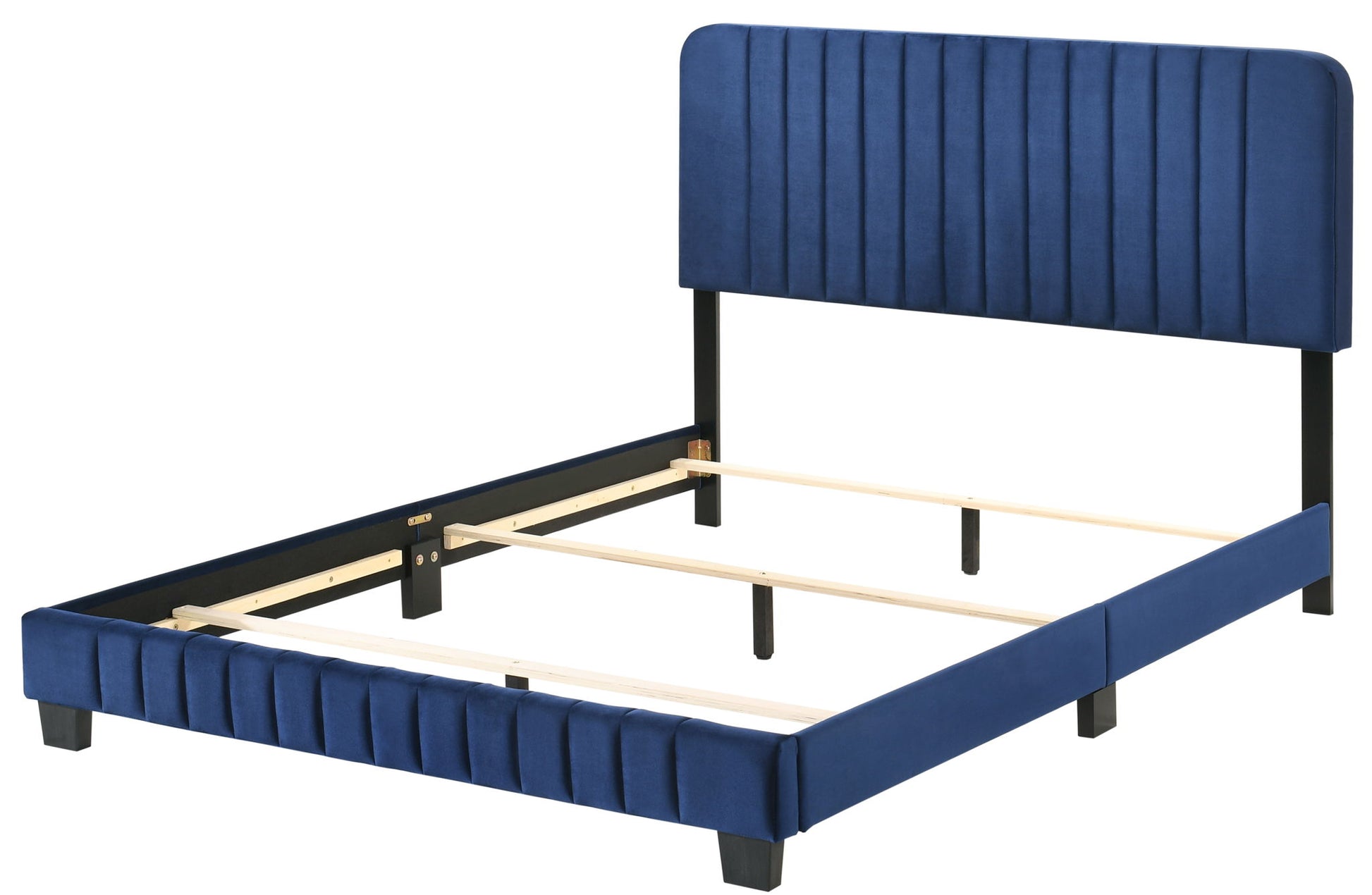 The Lodi - Bed features a tall, vertically paneled blue upholstered headboard and matching fabric frame, supported by short black legs. Visible wooden slats provide mattress support.
