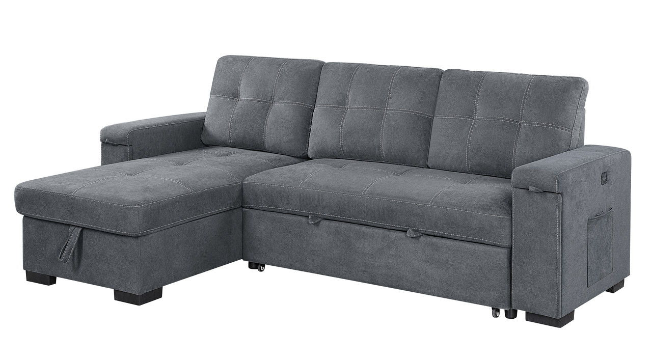 The Toby Woven Fabric Reversible Sleeper Sectional Sofa features a storage chaise, cup holder, charging ports, pockets, three back cushions, wide armrests, sturdy black legs, and modern gray fabric upholstery.