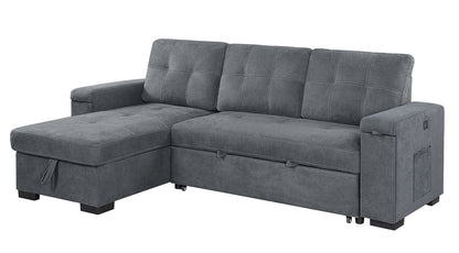 The Toby Woven Fabric Reversible Sleeper Sectional Sofa features a storage chaise, cup holder, charging ports, pockets, three back cushions, wide armrests, sturdy black legs, and modern gray fabric upholstery.