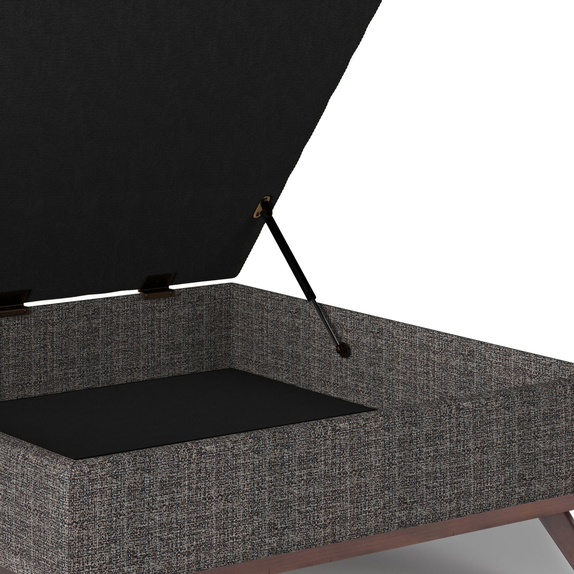A close-up of the Owen Multifunctional Square Coffee Table Storage Ottoman, featuring a textured gray fabric exterior, black interior, and a hinged lid supported by a metal rod.