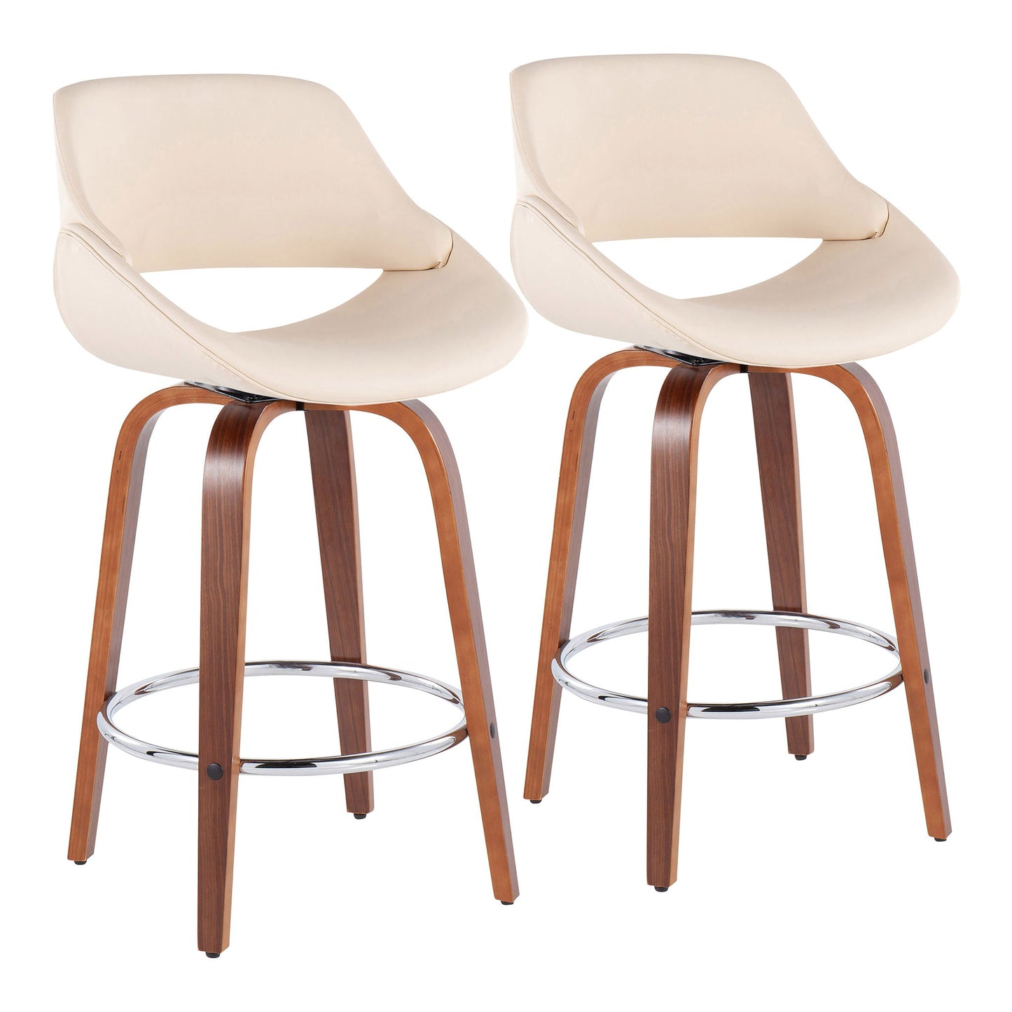 Set of 2 Fabrico mid-century modern counter stools featuring curved wooden legs, round chrome footrests, cream cushioned seats, and open lower backrests, shown against a white background.