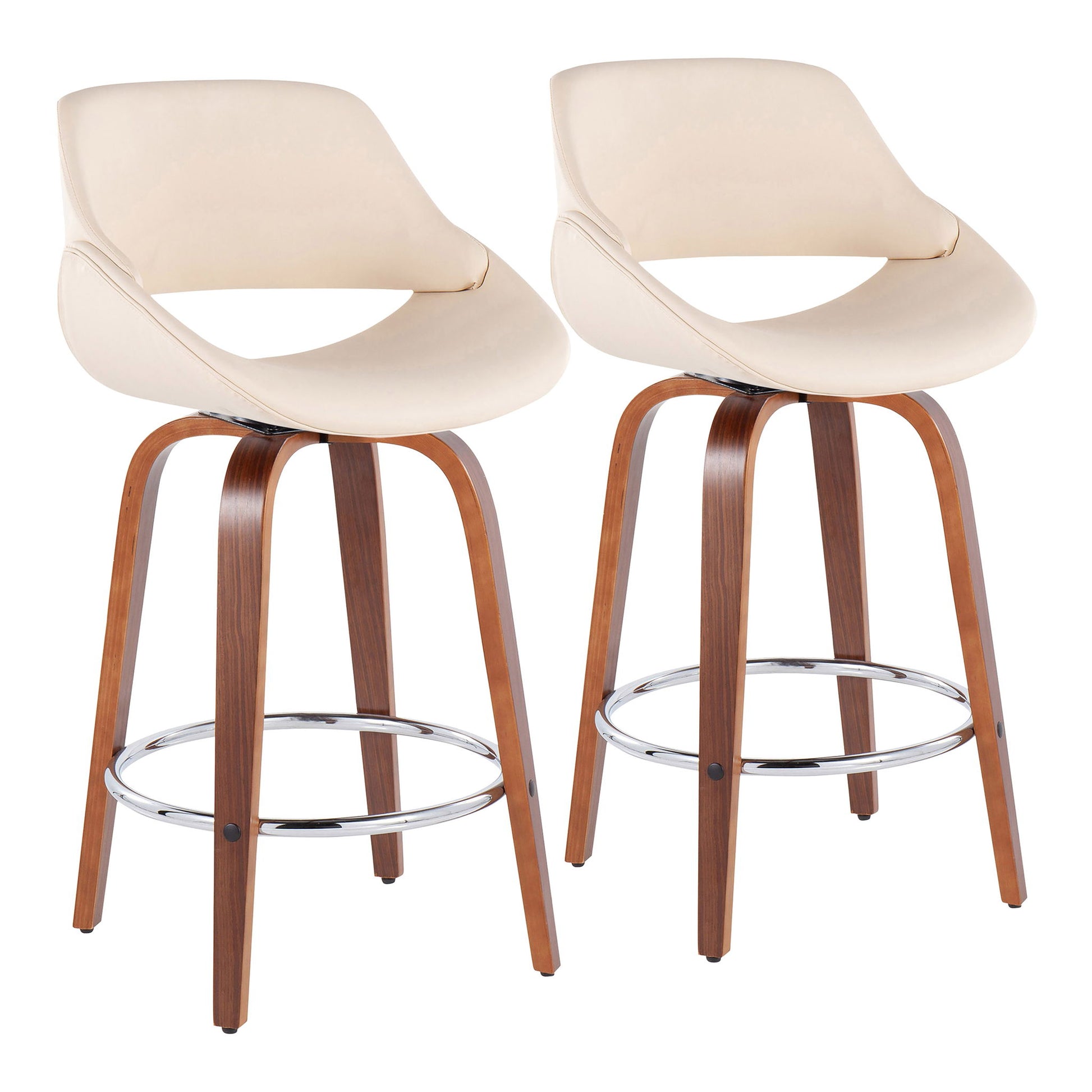 Set of 2 Fabrico mid-century modern counter stools featuring curved wooden legs, round chrome footrests, cream cushioned seats, and open lower backrests, shown against a white background.