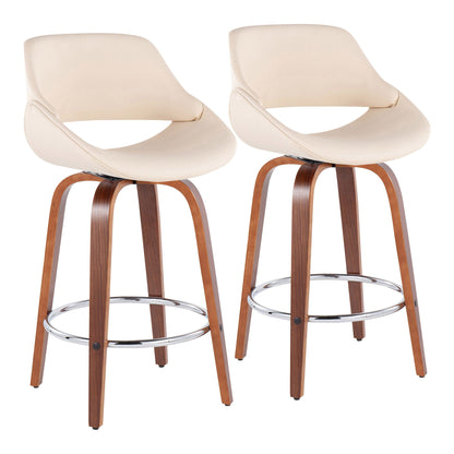 Set of 2 Fabrico mid-century modern counter stools featuring curved wooden legs, round chrome footrests, cream cushioned seats, and open lower backrests, shown against a white background.