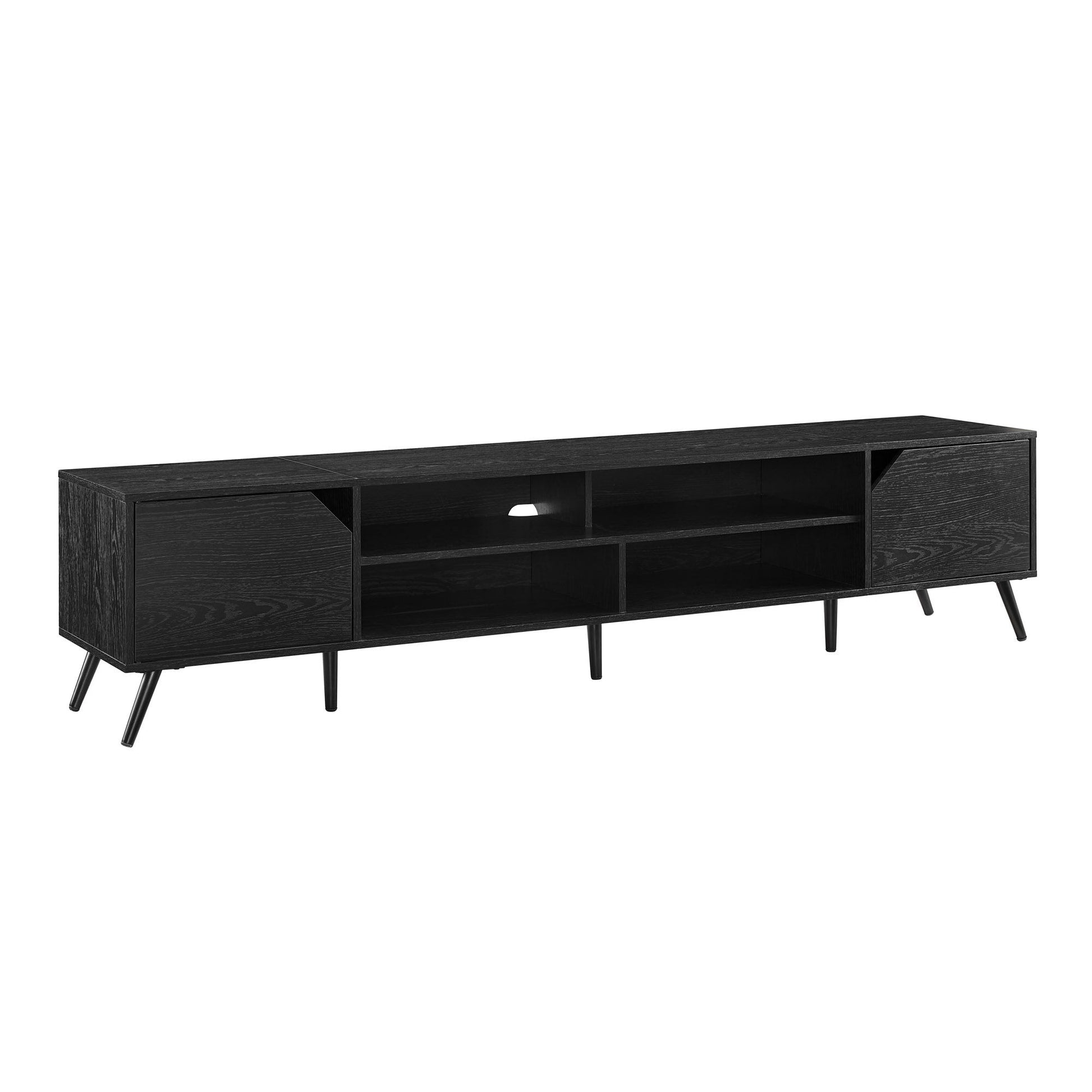 The Contemporary 2 Door Minimalist TV Stand is a long black stand featuring angular legs, two closed compartments on either end, and three open shelves in the center. It's made from a wood-like material with a sleek design.