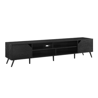 The Contemporary 2 Door Minimalist TV Stand is a long black stand featuring angular legs, two closed compartments on either end, and three open shelves in the center. It's made from a wood-like material with a sleek design.