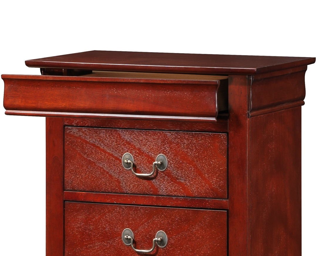 A close-up of the Traditional Style Lingerie Storage Chest Timeless, featuring a reddish-brown finish, metal handles, and an open top drawer revealing the interior.