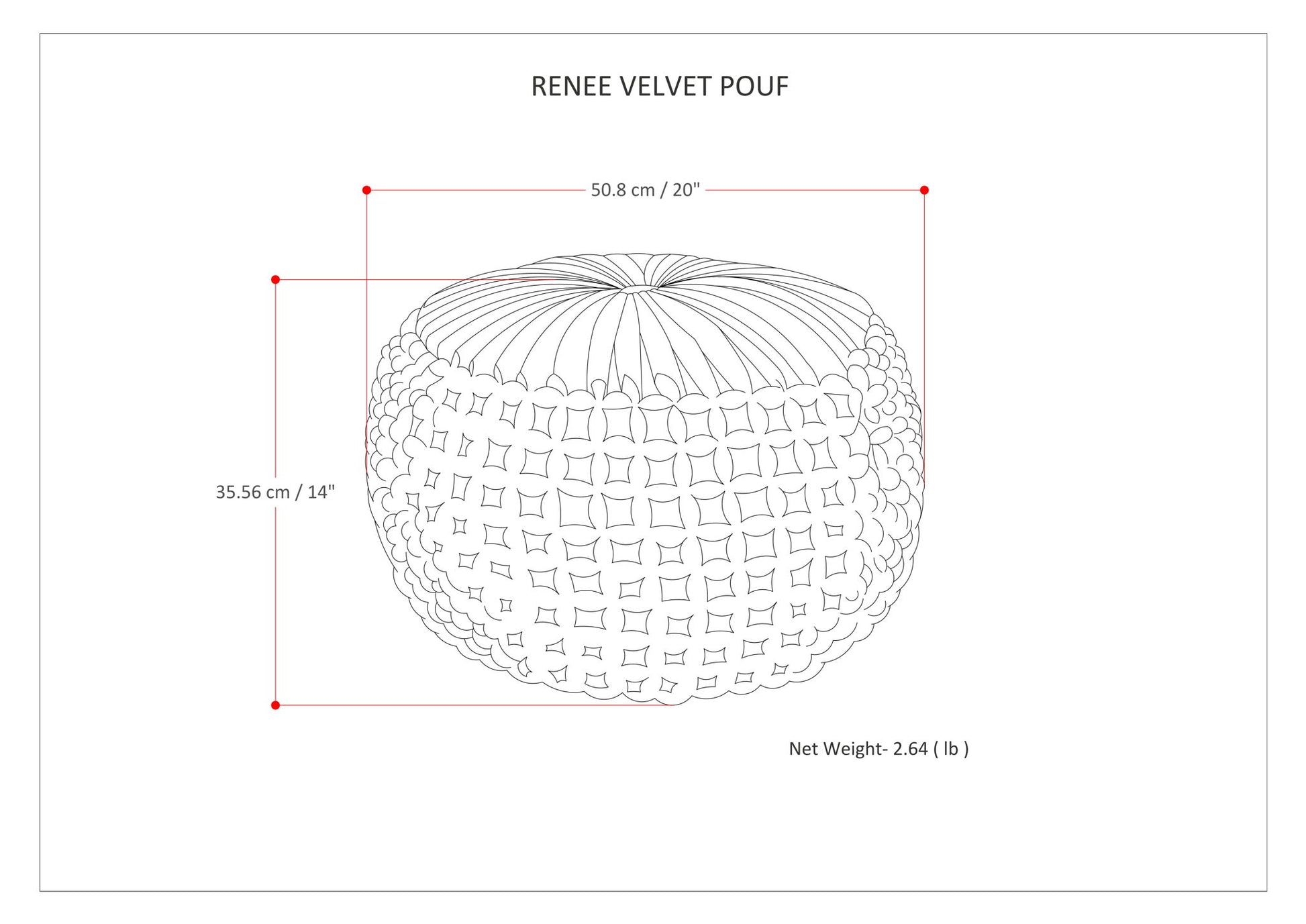 Line drawing of a handcrafted round pouf with textured surface. Dimensions: 50.8 cm (20") wide, 35.56 cm (14") high. Text reads "Renee - Handcrafted Round Pouf" and "Net Weight - 2.64 lb".
