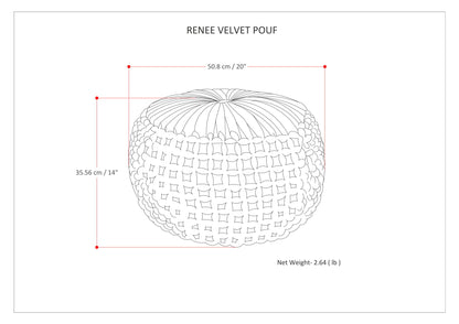 Line drawing of a handcrafted round pouf with textured surface. Dimensions: 50.8 cm (20") wide, 35.56 cm (14") high. Text reads "Renee - Handcrafted Round Pouf" and "Net Weight - 2.64 lb".