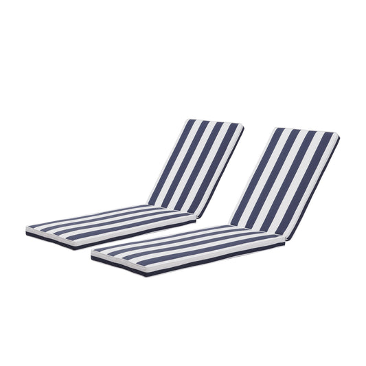 Two Outdoor Lounge Chair Cushion Replacement Patio Furniture Seat Cushions, blue and white striped with folding backrests, are arranged side by side on a plain white background.