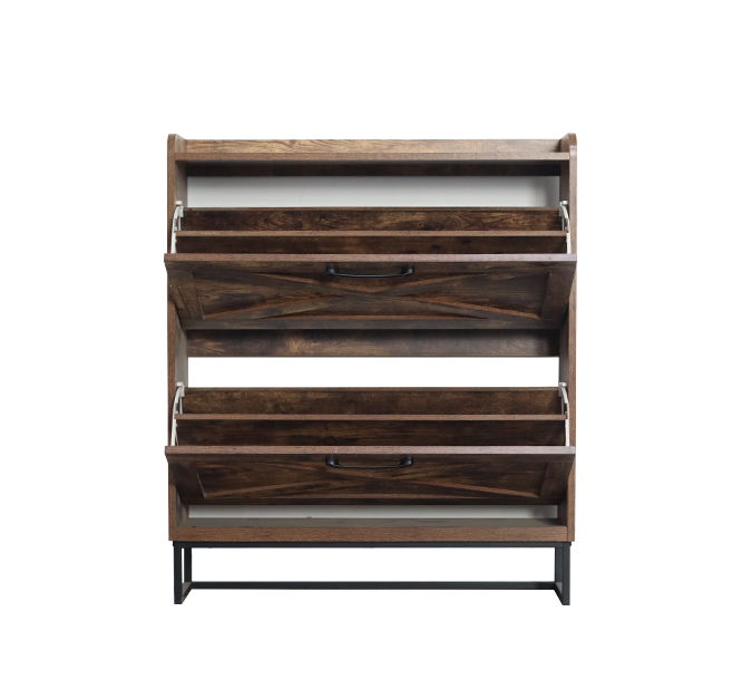 A rustic brown shoe storage cabinet with 2 flip drawers and metal legs, freestanding and narrow—perfect as an entryway organizer.