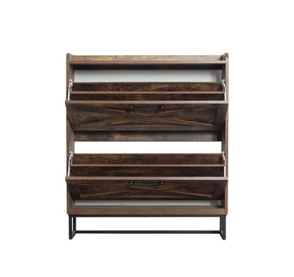 A rustic brown shoe storage cabinet with 2 flip drawers and metal legs, freestanding and narrow—perfect as an entryway organizer.