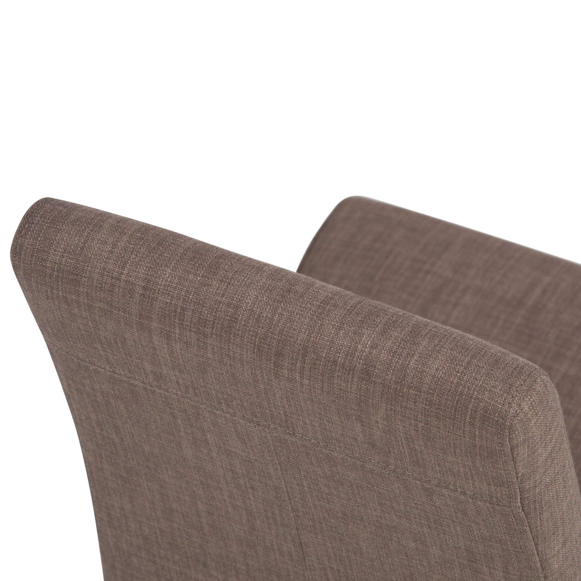 Close-up view of the upper backs of two Acadian - Upholstered Parson Dining Chairs in brown fabric set against a white background.
