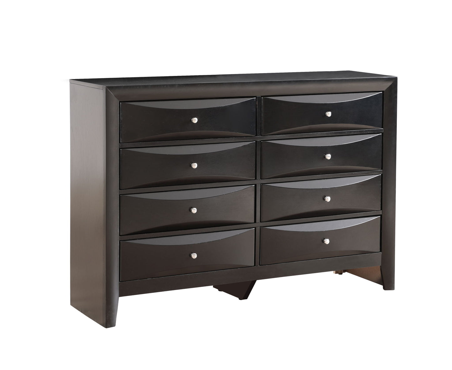 The Marilla - Dresser is a black wooden piece with eight drawers in two columns of four, each finished with a small round silver knob, shown against a white background.