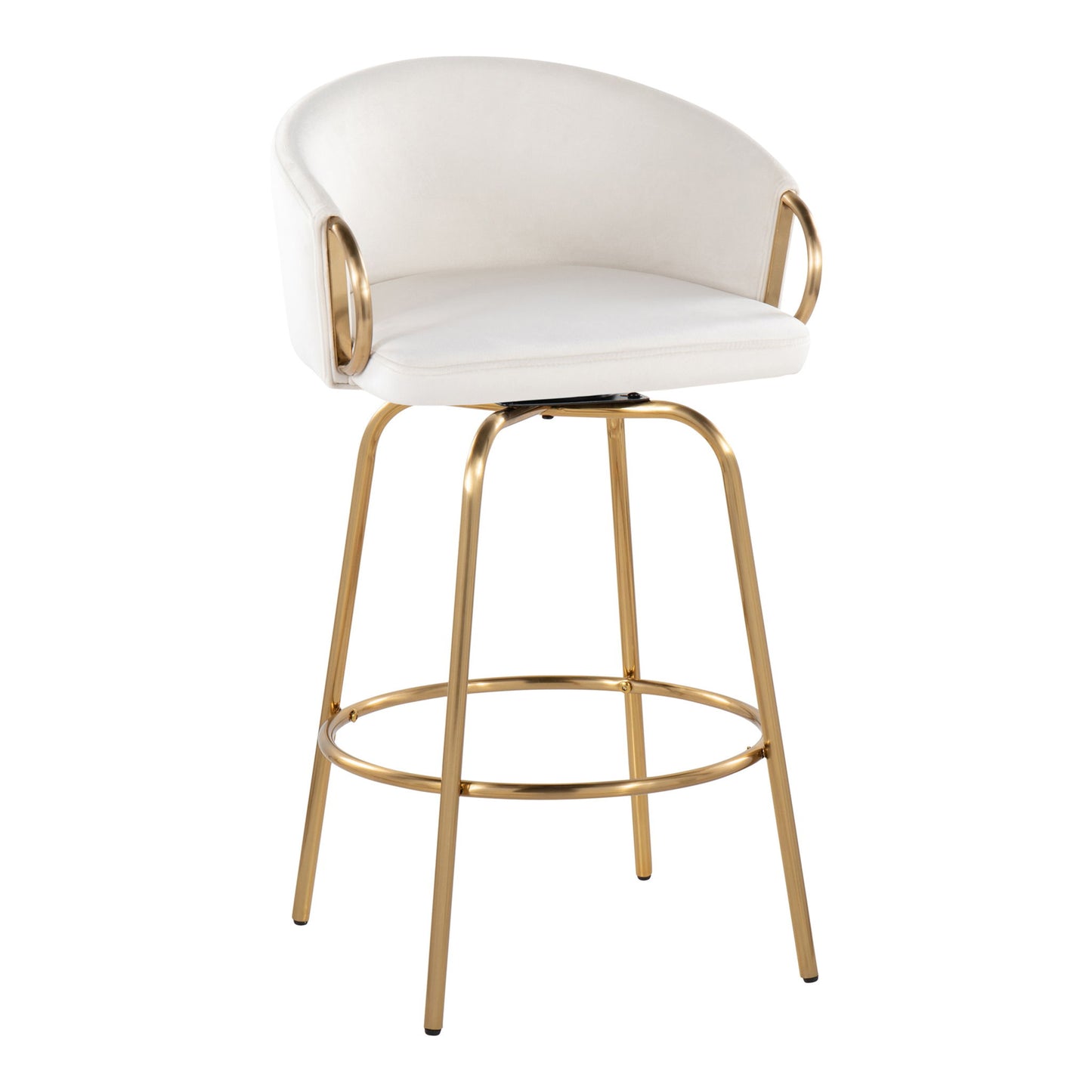 The Claire - Contemporary & Glam Counter Stool (Set of 2) features a white upholstered seat and backrest, gold metal armrests, and four gold legs joined by a circular footrest.