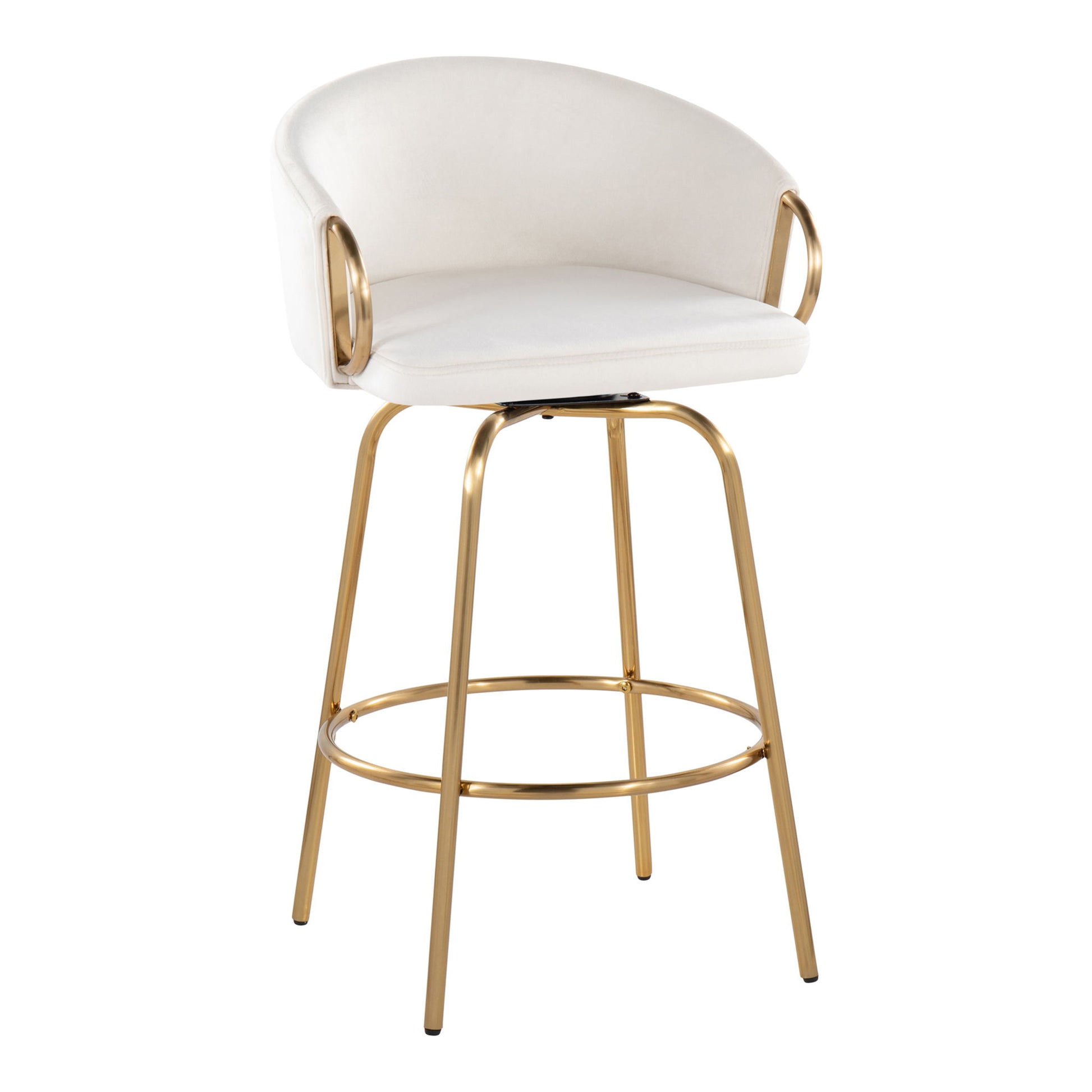 The Claire - Contemporary & Glam Counter Stool (Set of 2) features a white upholstered seat and backrest, gold metal armrests, and four gold legs joined by a circular footrest.