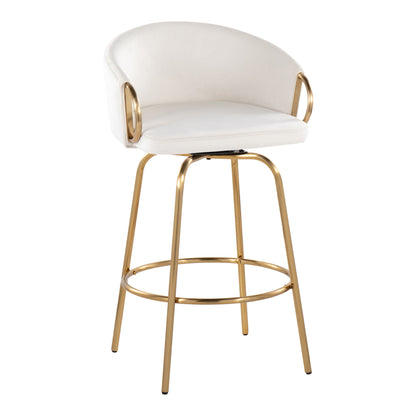 The Claire - Contemporary & Glam Counter Stool (Set of 2) features a white upholstered seat and backrest, gold metal armrests, and four gold legs joined by a circular footrest.