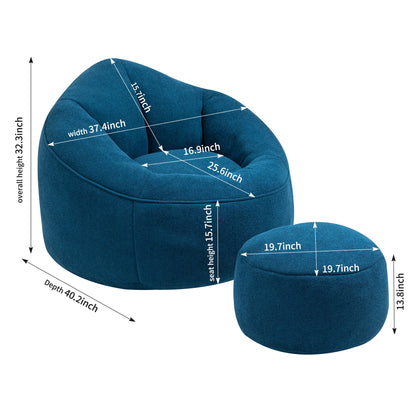 Bedding Bean Bag Sofa Chair made from high pressure foam with footrest. Chair: 37.4" W x 40.2" D x 33.1" H; seat height 15.7", seat width 25.6". Footrest: 19.7" diameter, 13.8" high.