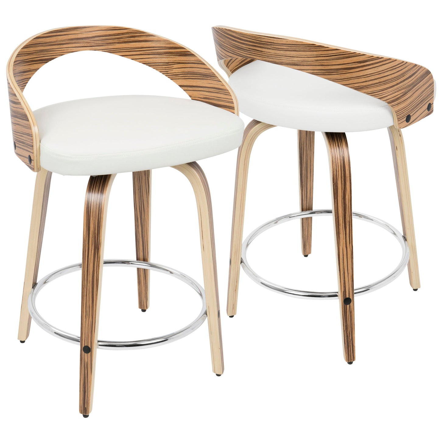 The Grotto set includes two contemporary counter stools with curved wood backs, white cushioned seats, wood legs, round chrome footrests, and a striped grain pattern for a sleek modern look. Fixed height and swivel features included.