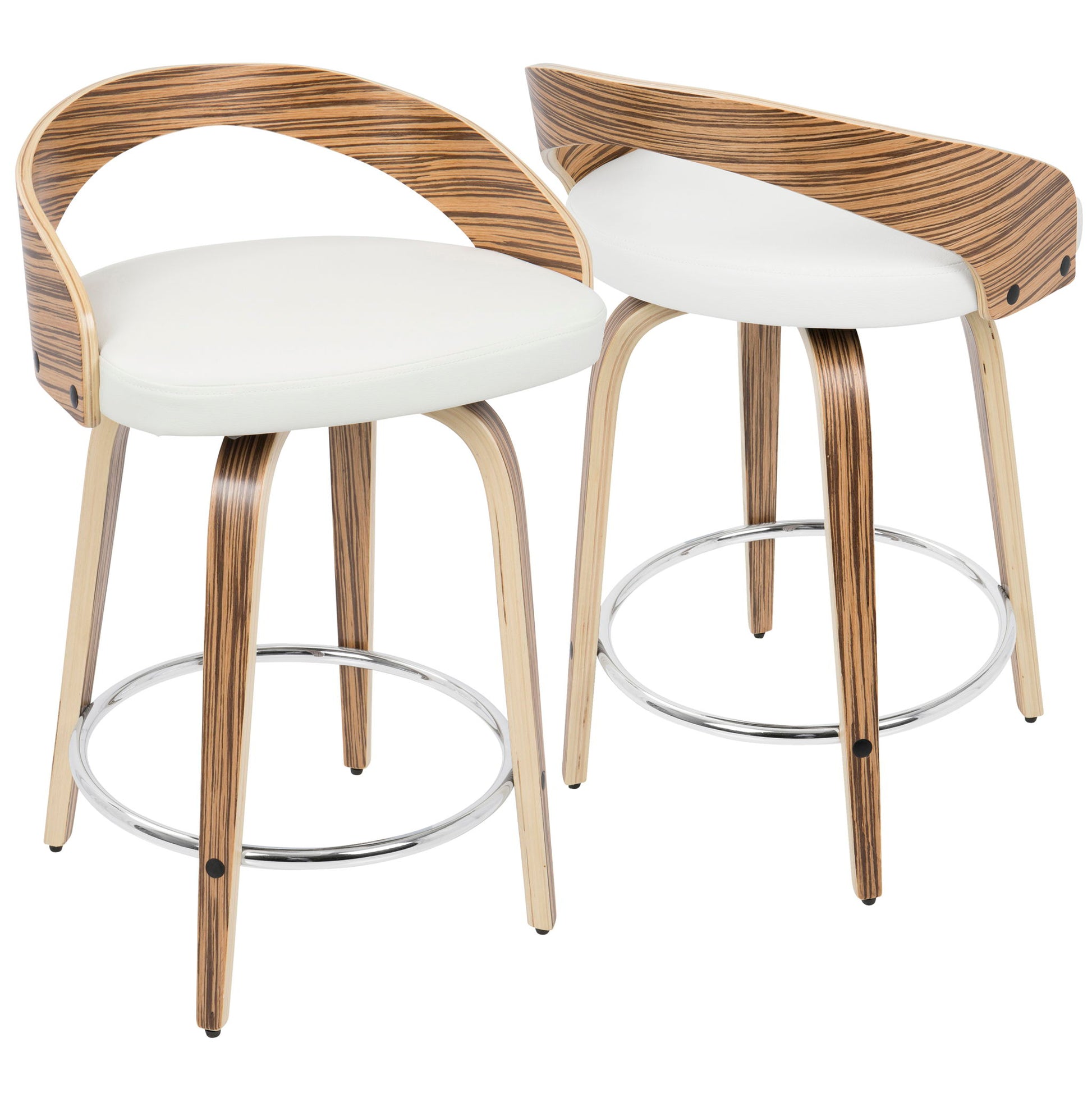 The Grotto set includes two contemporary counter stools with curved wood backs, white cushioned seats, wood legs, round chrome footrests, and a striped grain pattern for a sleek modern look. Fixed height and swivel features included.