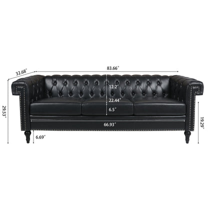 The Traditional Square Arm Removable Cushion 3 Seater Sofa features black tufted leather, nailhead trim, and three seat cushions. Dimensions: 83.66"W x 32.68"D x 29.53"H; seating: 66.93"W x 22.44"D x 19.29"H.