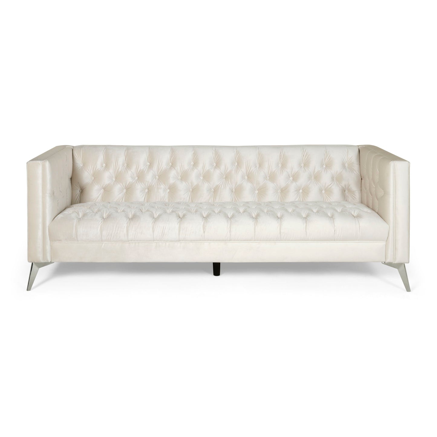 The Contemporary 3 Seater Sofa With Button Tufting features a modern white design, straight arms, and angled metal legs, showcased against a plain white background.