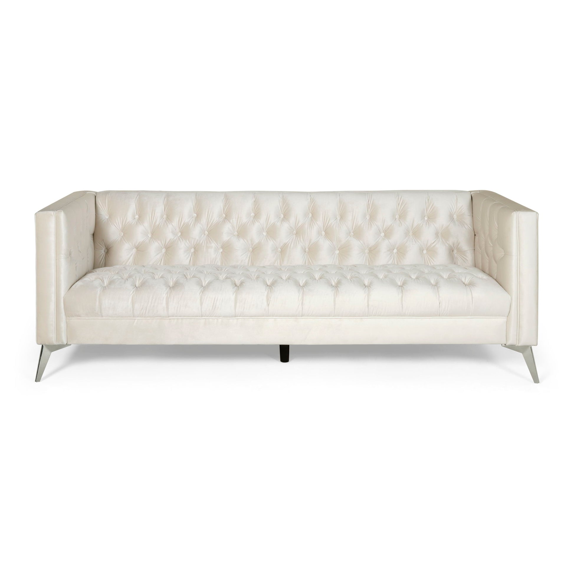 The Contemporary 3 Seater Sofa With Button Tufting features a modern white design, straight arms, and angled metal legs, showcased against a plain white background.