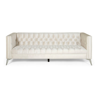 The Contemporary 3 Seater Sofa With Button Tufting features a modern white design, straight arms, and angled metal legs, showcased against a plain white background.