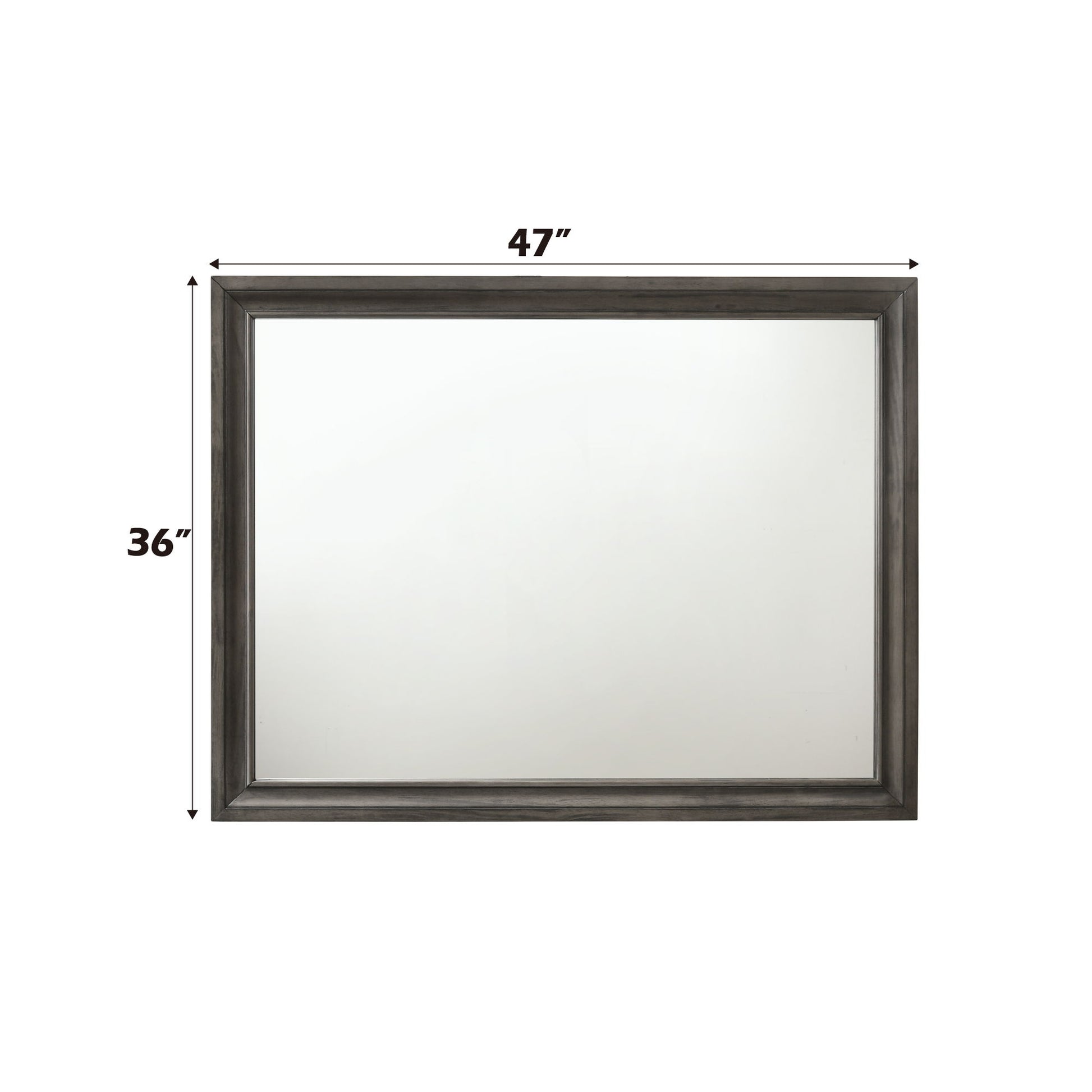 The Naima Minimalist Design Mirror features a dark frame and measures 47 inches wide by 36 inches high, set against a white background.