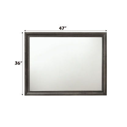 The Naima Minimalist Design Mirror features a dark frame and measures 47 inches wide by 36 inches high, set against a white background.