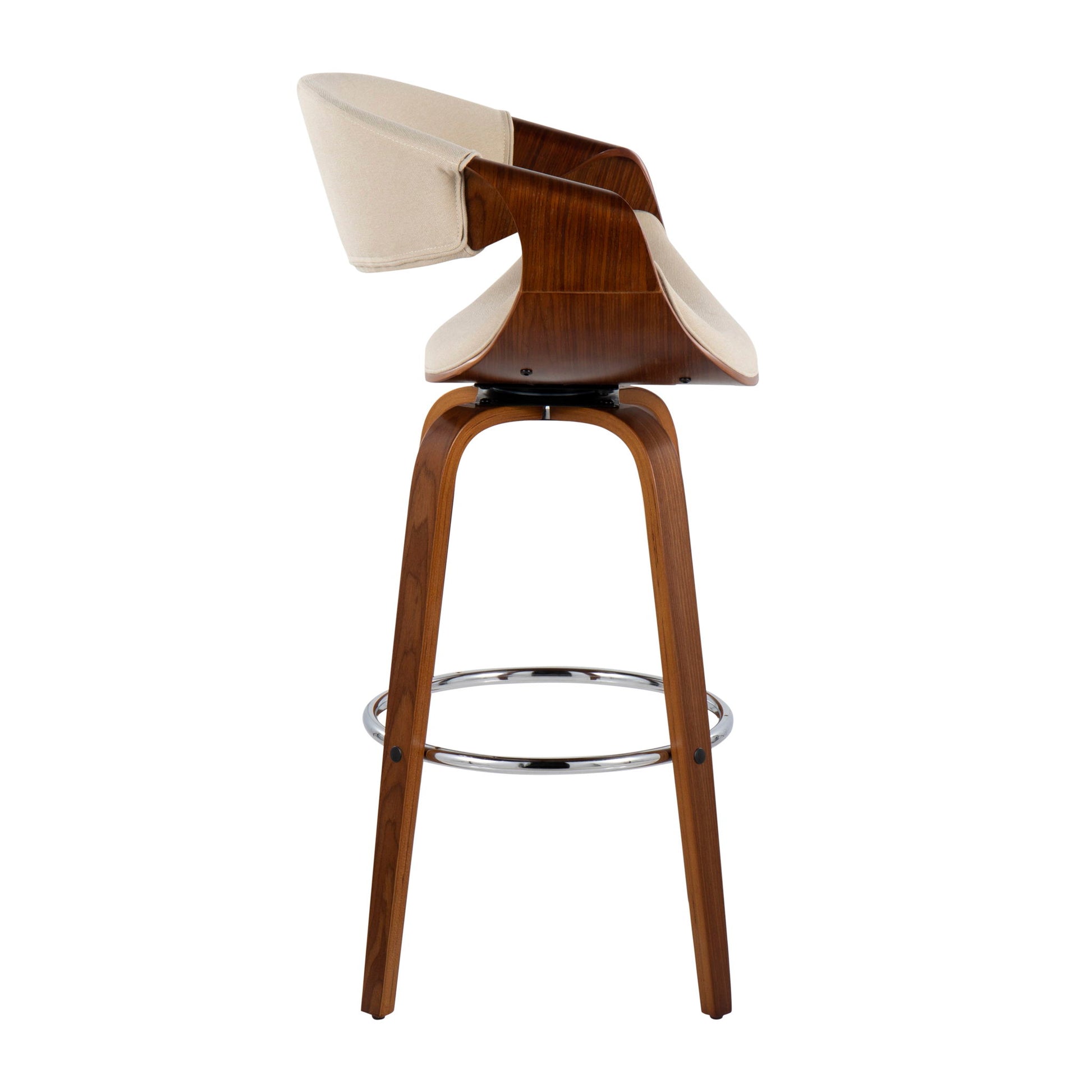 The Curvini Mid-Century Modern Fixed Height Barstool With Swivel (Set of 2) features a curved wooden frame, beige upholstered seat and backrest, and a metal footrest ring, shown from the side against a white background.