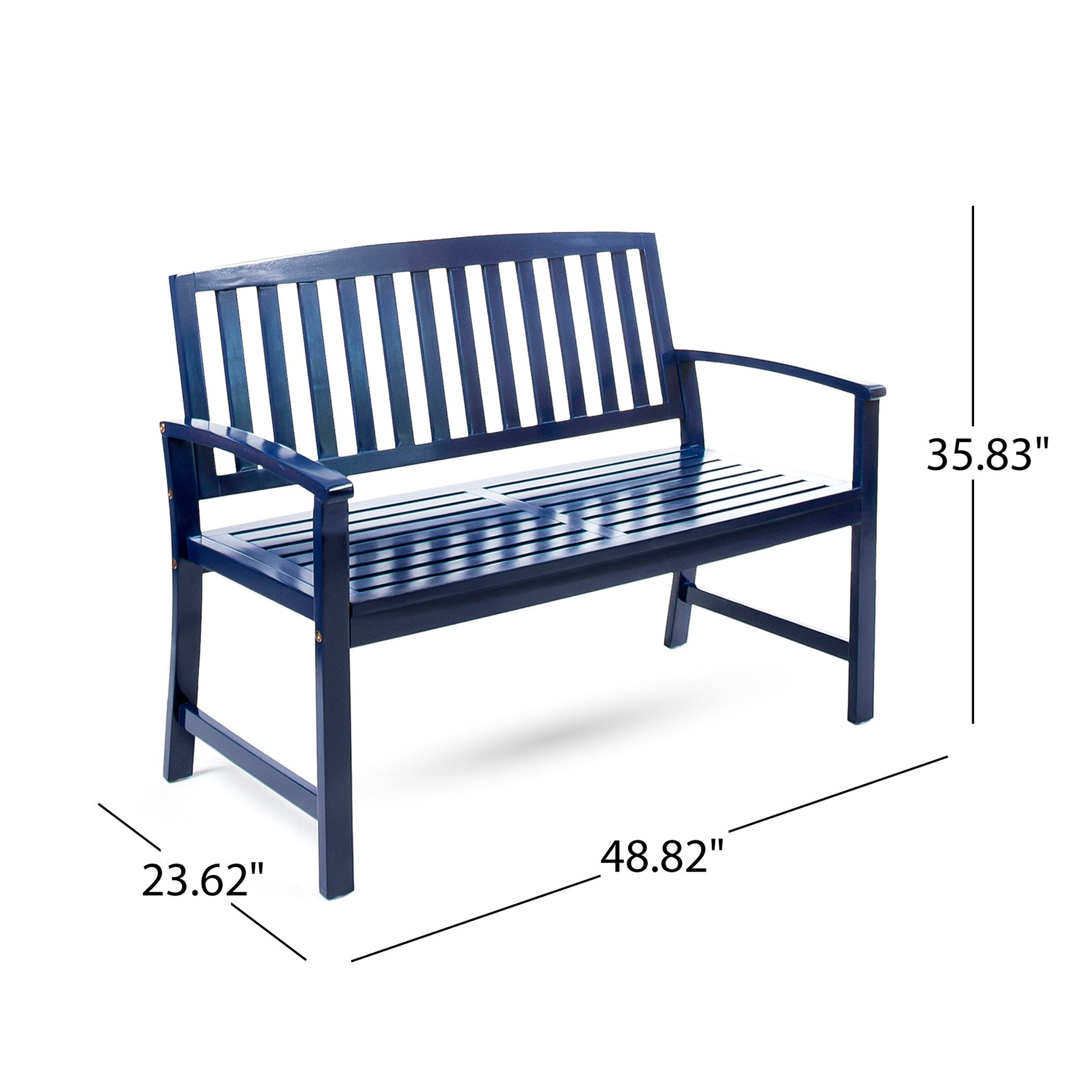 The Farmhouse Style Loja Bench Indoor/Outdoor features a navy blue wooden design with vertical slats, curved armrests, and dimensions of 35.83" H x 48.82" W x 23.62" D.