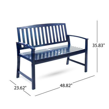 The Farmhouse Style Loja Bench Indoor/Outdoor features a navy blue wooden design with vertical slats, curved armrests, and dimensions of 35.83" H x 48.82" W x 23.62" D.