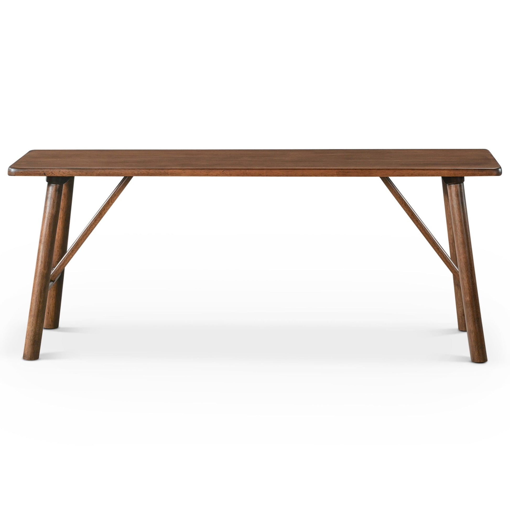 The Molly Bench in walnut brown features a rectangular wooden seat with angled legs and a smooth, dark finish, shown from the front against a white background.