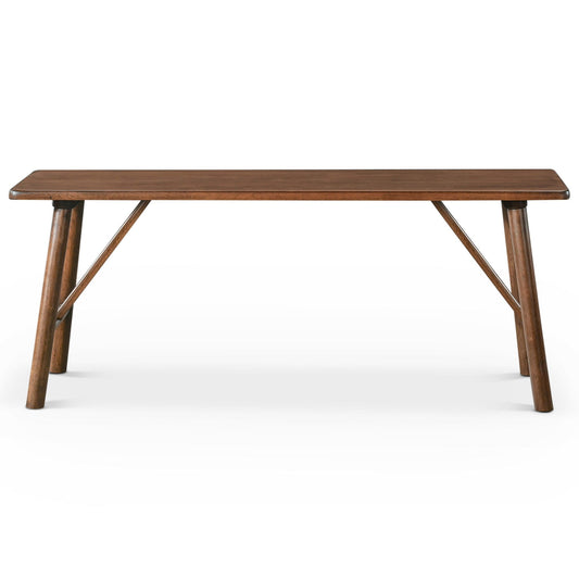 The Molly Bench in walnut brown features a rectangular wooden seat with angled legs and a smooth, dark finish, shown from the front against a white background.
