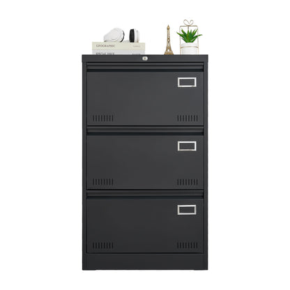 A Filing Cabinet Lateral File Cabinet 3 Drawer with locking metal drawers for home office, featuring labeled handles and decorated on top with books, a small potted plant, an Eiffel Tower figurine, and a tape dispenser.