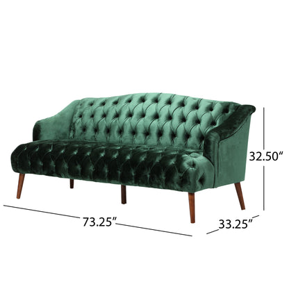 Comfy 3 Seat Sofa With Wooden Legs, ideal for living room or study. Features green velvet tufting and measures 73.25"W x 33.25"D x 32.50"H.
