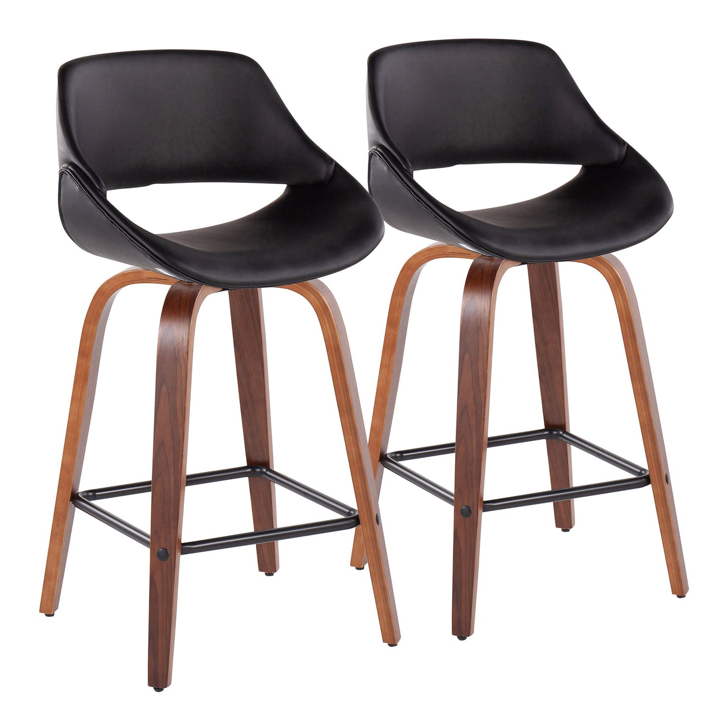 The Fabrico set includes two mid-century modern counter stools with black curved seats, low backrests, walnut-finished wooden legs, and black metal footrests.