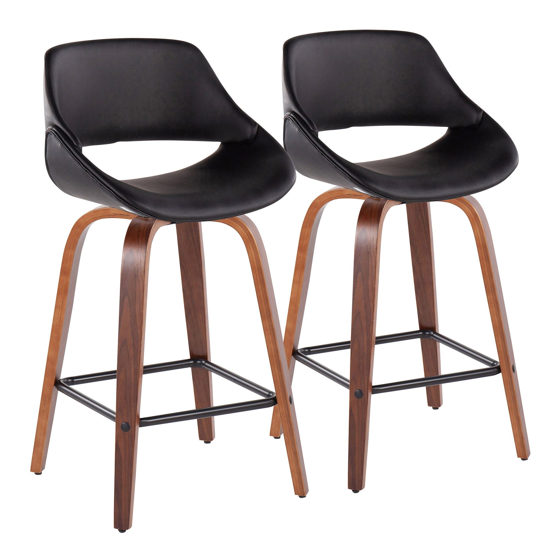 The Fabrico set includes two mid-century modern counter stools with black curved seats, low backrests, walnut-finished wooden legs, and black metal footrests.