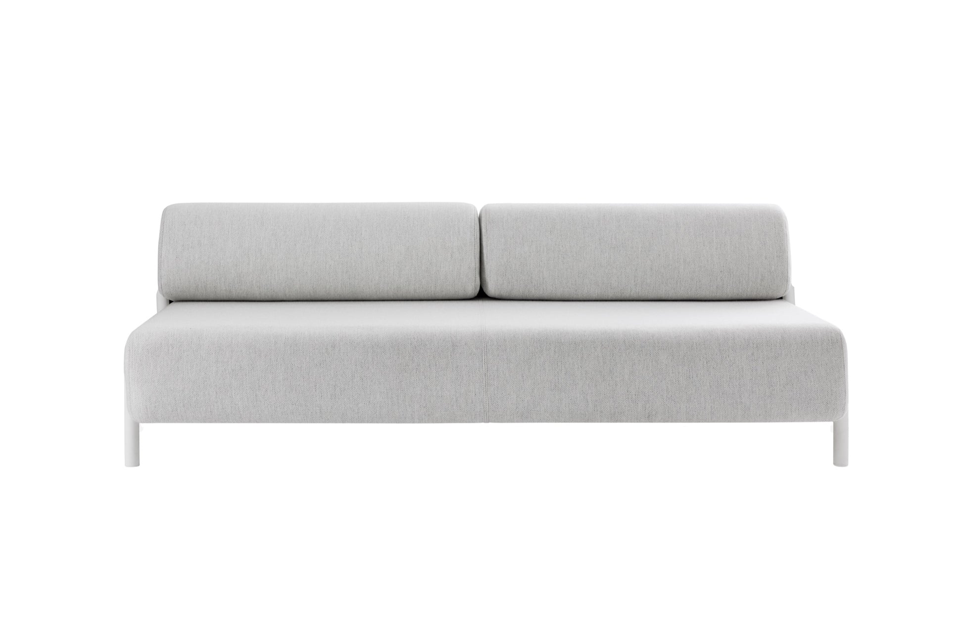 Introducing the Palo 2-seater Sofa, a minimalist and modern piece featuring a simple rectangular design and light gray fabric upholstery. Its smooth, sleek appearance is accentuated by the absence of visible armrests, set against a plain white background.