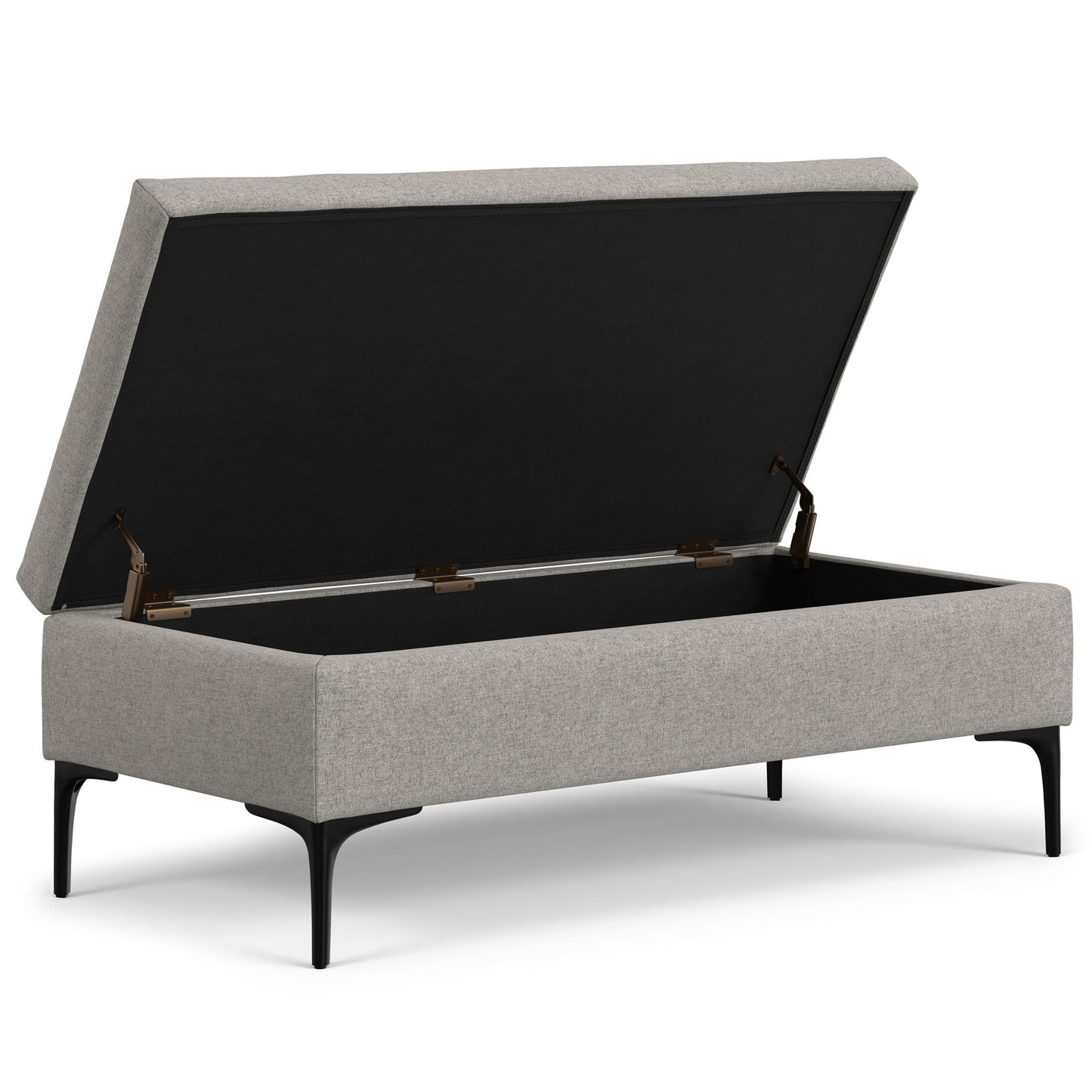 The Rebecca Multifunctional Coffee Table Storage Ottoman features a light gray upholstered rectangular design, lift-up lid revealing a spacious black interior, slim black metal legs, and a modern minimalist style.