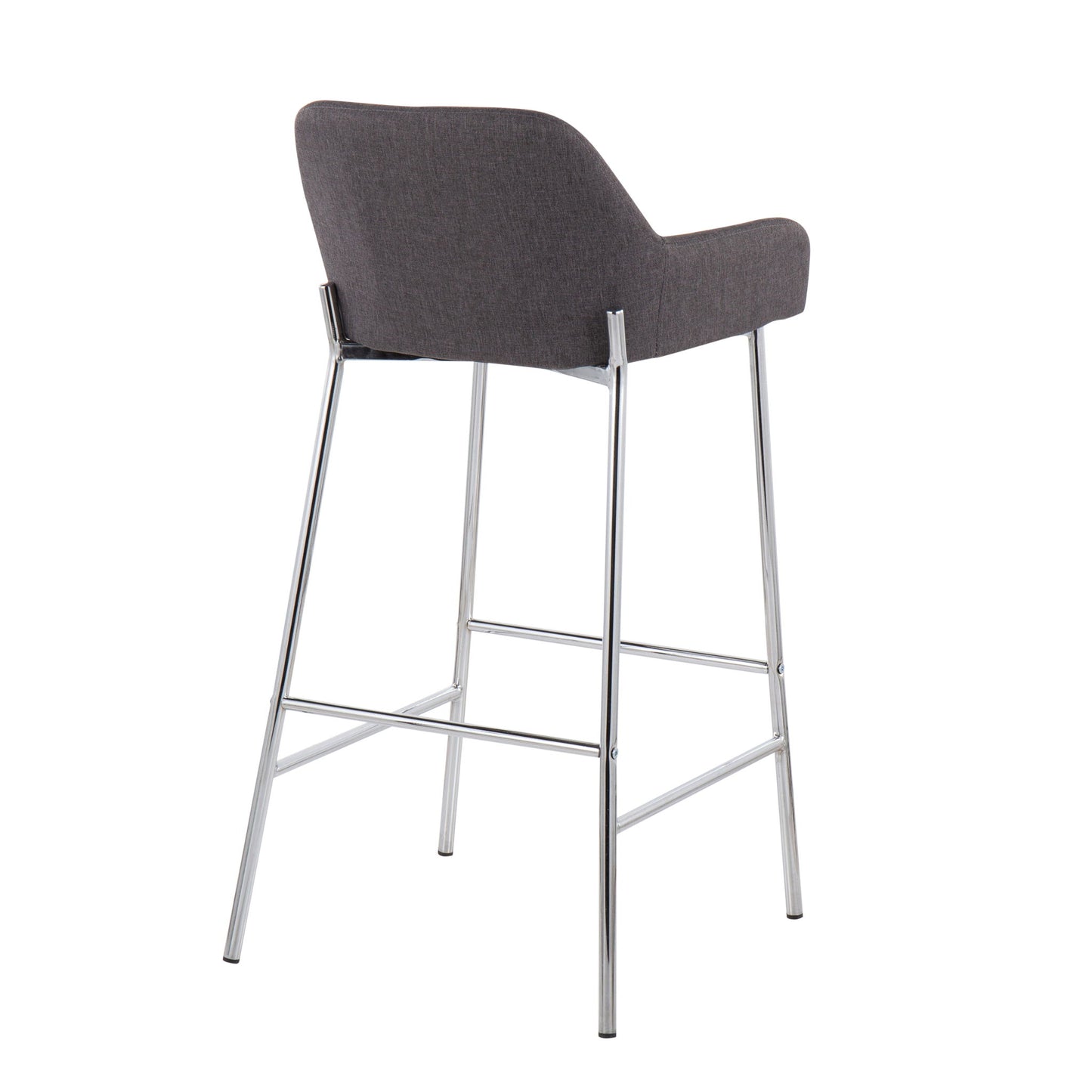 The Daniella - Contemporary Fixed Height Bar Stool (Set of 2) features gray upholstered seats and backrests with sleek chrome legs and a footrest, shown from the back against a white background.